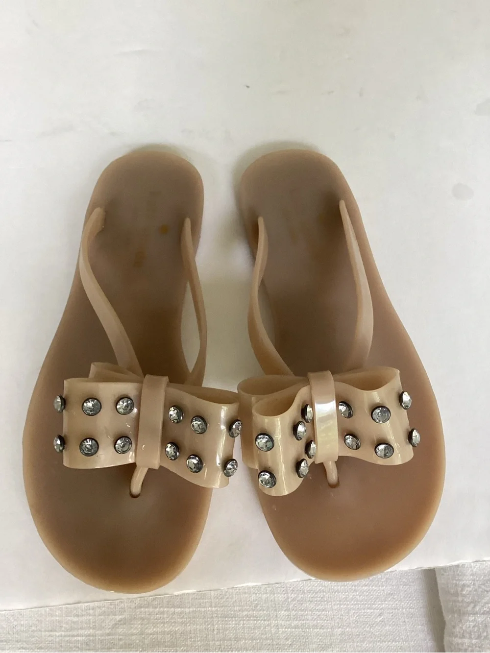 Kate Spade Jelly Bow Sandals Nude Rhinestone Studded Flip Flops Size 6